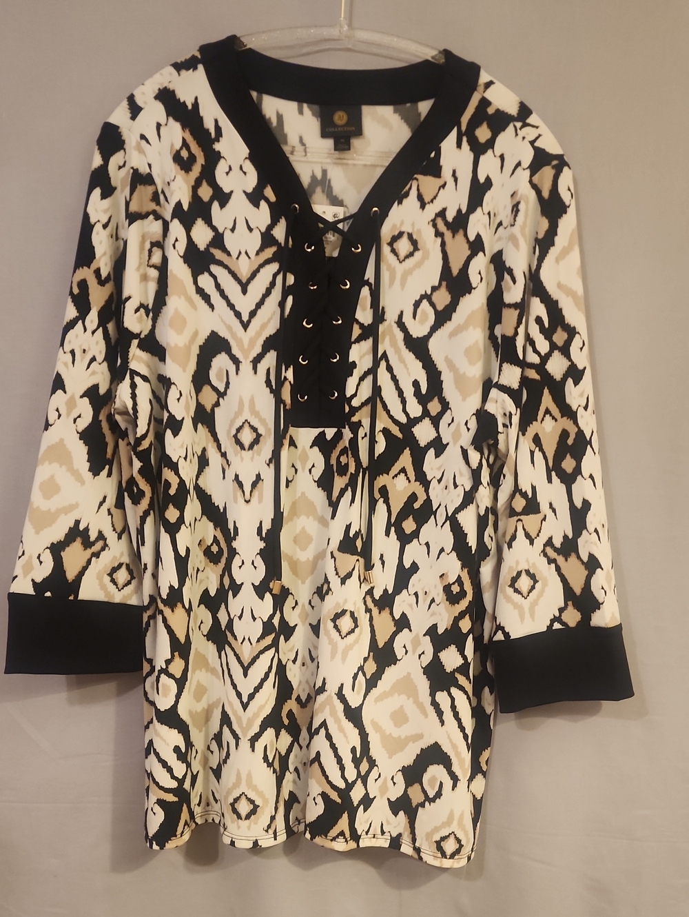 JM Collection Black, Ivory & Tan Lace-Up Ikat Print Blouse